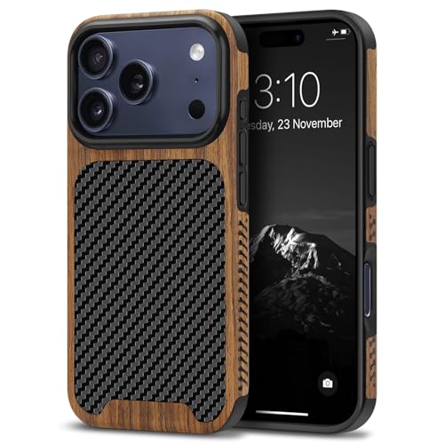TENDLIN Compatible with iPhone 17 Pro Max Case Wood Grain with Carbon Fiber Texture Design Leather Hybrid Slim Case (Black) - color: Black, size: iPhone 17 Pro Max