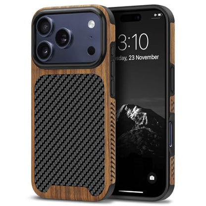 TENDLIN Compatible with iPhone 17 Pro Max Case Wood Grain with Carbon Fiber Texture Design Leather Hybrid Slim Case (Black) - color: Black, size: iPhone 17 Pro Max