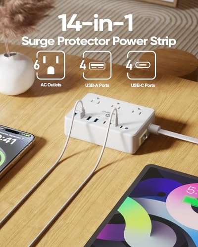 Kakyanill 100W Charging Station, Power Strip with 6 AC Outlets 8 USB Ports - color: White
