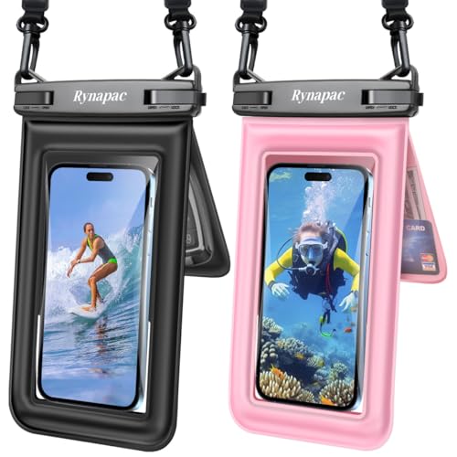 Rynapac Double Space Floating Waterproof Phone Pouch [Up to 8.5''], 2 Pack | Touchscreen, IPX8 Waterproof Phone Case, for iPhone 17 16 15 14 Pro Max, Adjustable Lanyard, Beach & Cruise Essentials 2026 - color: Black & Pink