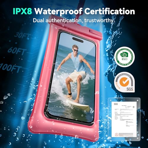 Floating Waterproof Phone Pouch 2 Pack - Dual Floatable Airbags Up to 7.2", IPX8 Waterproof Phone Dry Bag with Lanyard for Beach, for iPhone 17 16 15 Samsung Galaxy Etc., Pink + Pink - color: Pink + Pink