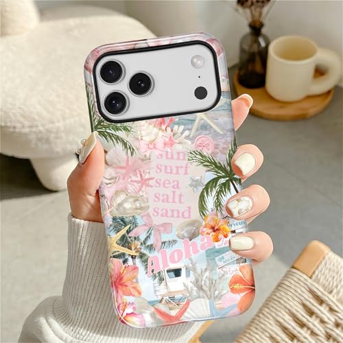 Case for iPhone 17 Pro Max, Cute Phone Case, Aloha Summer Collage | Hybrid 2-Layer Phone Cover，Military-Grade Protection Durable Shockproof Anti-Scratch Cases - color: Pink Aloha Summer Collage, size: Iphone 17 Pro Max