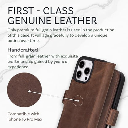 Bayelon Leather Wallet Case for iPhone 16 Pro Max 6.9", Flip Cover Card Holder, iPhone 16 Pro Max Wallet Case, Kickstand Folio Case, MagSafe Compatible Flip Cover, RFID Blocking (Coffee Brown) - color: Dark Brown, size: iPhone 16 Pro Max