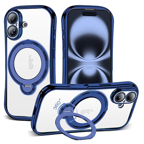 Clear Phone Case for iPhone 16 6.1", Deep Blue | Mag-safe Case with 360° Rotatable Magnetic Ring Stand Full Camera Lens Protector Plating Protective Case - color: Deep Blue, size: Iphone 16