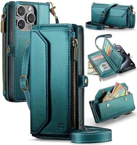 Strapurs for iPhone 15 Pro Max - Zipper Strap Wallet Case Women, Blue Green | RFID Blocking 10-Card Holder, Shoulder Lanyard, Wirst Strap, Zipper Pocket, Magnetic Snap, Soft PU Leather, Phone Flip Cover - color: Blue Green, size: iPhone 15 Pro Max - 6.7"