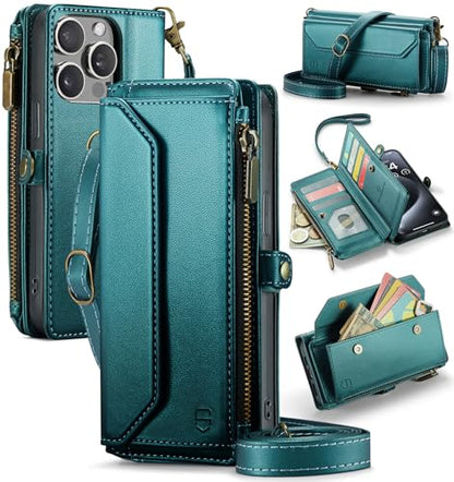 Strapurs for iPhone 15 Pro Max - Zipper Strap Wallet Case Women, Blue Green | RFID Blocking 10-Card Holder, Shoulder Lanyard, Wirst Strap, Zipper Pocket, Magnetic Snap, Soft PU Leather, Phone Flip Cover - color: Blue Green, size: iPhone 15 Pro Max - 6.7"