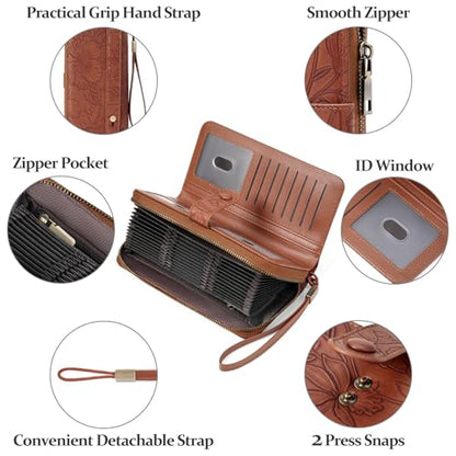 SENDEFN Women's Credit Card Holder RFID Blocking Zip Around Leather Wallet Large Capacity Long Purse with Wristlet - color: Brown