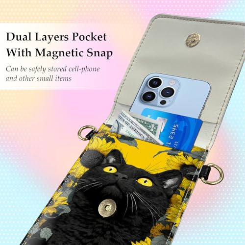 Small Crossbody Bags for Women Touchscreen Cell Phone Bag Cross Body Purses with adjustable Strap,Gifts For Teenage Girls - color: Black Cat & Sunflower