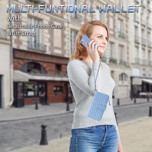 for iPhone 16e/17e Case Wallet,Compatible with MagSafe Magnetic 2 in 1 Magnetic Detachable PU Leather RFID Blocking Wallet Cover Card Holder Zipper Wrist Strap Lanyard,Quilted Blue - color: Quilted Blue