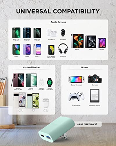 iHome 2-Port 20W Dual Port USB-C and USB-A Wall Charger, Travel Adapter - color: Mint