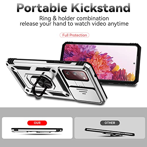 for Samsung Galaxy S20 FE 5G Case with Camera Lens Cover HD Screen Protector, Military-Grade Drop Tested Magnetic Ring Holder Kickstand Protective Phone Case for Samsung Galaxy S20 FE 5G (Silver) - color: Silver with camera cover Military-Grade 2nd gen