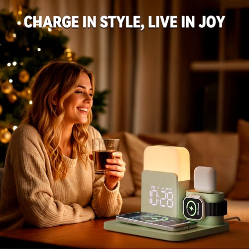 7 in 1 Wireless Charging Station, 25W Charger with Alarm Clock Night Light - color: Green
