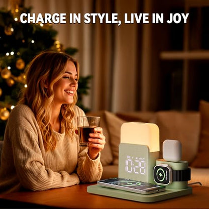 7 in 1 Wireless Charging Station, 25W Charger with Alarm Clock Night Light - color: Green