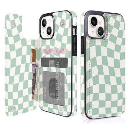 Compatible with iPhone 14/13 6.1" Wallet Case with Card Holder Folio Flip PU Leather Kickstand Card Slots Case Double Magnetic Clasp and RFID Blocking Cover 6.1 Inch (Green Checkerboard) - color: Checkerboard, size: iPhone 14/13