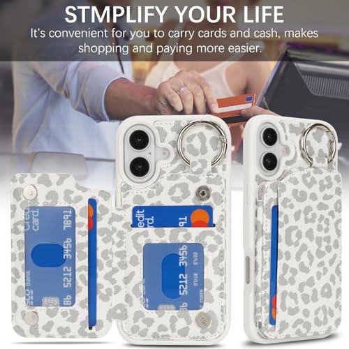 Ｈａｖａｙａ for iPhone 16 case with Card Holder iPhone 16 case Wallet with Keychain Ring and Stand PU Leather Phone case-White Leopard Print - color: C+White leopard print