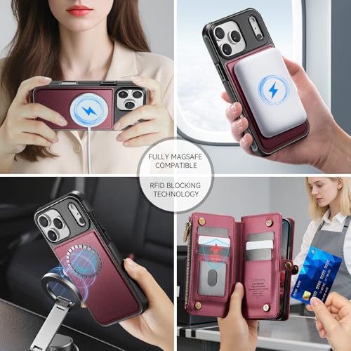 Defencase for iPhone 17 Pro Max Case Wallet Compatible with Magsafe, W-Red | Drop-Proof Magnetic Detachable Phone Cases Cover, with RFID Bolcking Card Holder, Zipper Strap, PU Leather, Removable Wallet - color: (Detachable with Magsafe)-Wine Red
