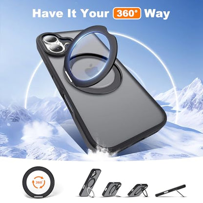 for iPhone 16 Case with 360° Spin Magnetic Stand,Black | iPhone 16 Phone Case 6.1",Spin Magnetic Ring Stand,Compatible with MagSafe,Military Protection,Translucent Matte - color: Black, size: iPhone 16
