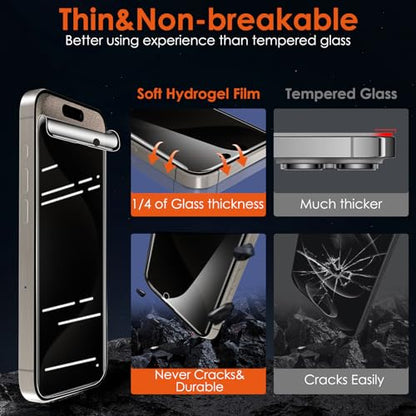 [2+2 for iPhone 15 Pro Privacy Screen Protector (NOT Glass) with Tempered Glass Camera Lens Protector, Anti-Spy Non-breakable Soft Flexible TPU Hydrogel Film Screen Protector for iPhone 15 Pro - size: iPhone 15 Pro(6.1")