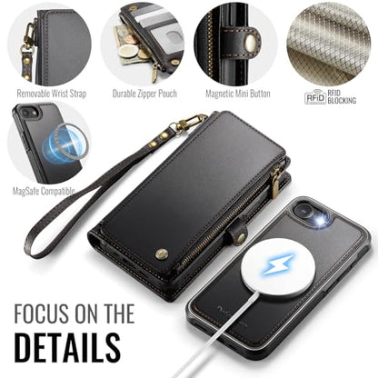 Defencase for iPhone 17e/16e Case Wallet Compatible with Magsafe, Black | Drop-Proof Magnetic Detachable Phone Cases Cover, with RFID Bolcking Card Holder, Zipper Strap, PU Leather, Removable Wallet - color: (Detachable with Magsafe)-Black