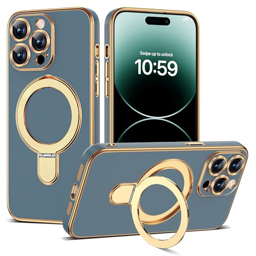 Compatible with iPhone 14 Pro Case with Magnetic Ring Stand [Compatible with Mag-Safe] Full Camera Lens Protector Plating Phone Case for iPhone 14 Pro 6.1", Grey Blue - color: Grey Blue, size: Iphone 14 Pro