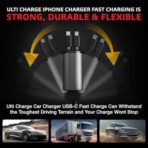 Ulti Charge iPhone Car Charger USB C Fast Charge Retractable 120W 4-Port - size: Retractable Lightning & USBC