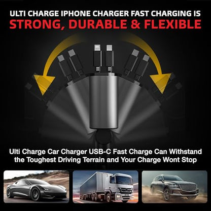 Ulti Charge iPhone Car Charger USB C Fast Charge Retractable 120W 4-Port - size: Retractable Lightning & USBC
