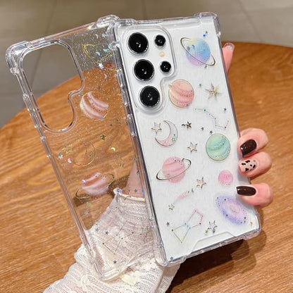 Changjia for Samsung Galaxy S26 Plus Clear Glitter Case, Cute Bling Sparkle Planet Space Stars Moon Universe Pattern Soft TPU Silicone Shockproof Women Girls Protective Case for Galaxy S26 Plus, Clear - size: for Samsung Galaxy S26 Plus 6.7"