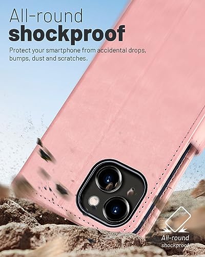 OCASE Compatible with iPhone 15 Wallet Case, PU Leather Flip Folio Case with Card Holders RFID Blocking Kickstand [Shockproof TPU Inner Shell] Phone Cover 6.1 Inch 2023, Pink - color: Pink