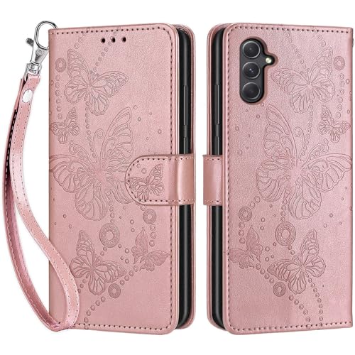 Wallet Case for Samsung Galaxy A54 5G, Rose Gold Butterfly | Women Flip Folio Cover, Embossed PU Leather, Stand, Credit Card Holders Slots, Wrist Strap - color: 7
