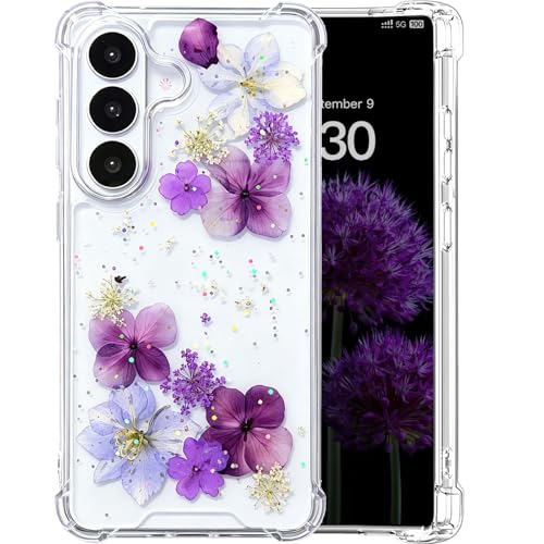 [Real Dried Flower] for Samsung Galaxy S26 Case Clear Glitter Dried Pressed Flower Case for Galaxy S26 Cute Soft Silicone TPU Bling Sparkle Women Girls Floral Cover(Purple Flower) - color: Purple Flower, size: for Galaxy S26