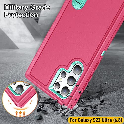 Case is Specially Designed for Galaxy S22 Ultra 6.8 Inch, Full Body Protection Heavy Duty Shock Absorbing 3 in 1 Silicone Rubber Built-in Stand with 1 Tempered Screen Protectors-Rose/Mint - color: Rose/Mint