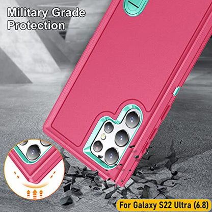 Case is Specially Designed for Galaxy S22 Ultra 6.8 Inch, Full Body Protection Heavy Duty Shock Absorbing 3 in 1 Silicone Rubber Built-in Stand with 1 Tempered Screen Protectors-Rose/Mint - color: Rose/Mint