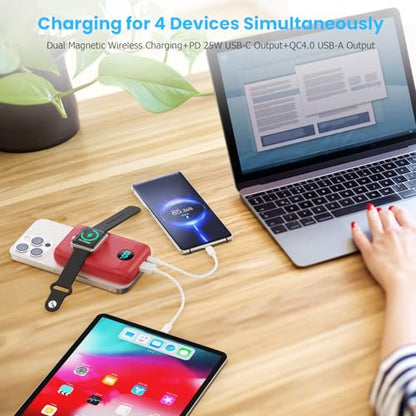 Pxwaxpy Magnetic Portable Charger 10800mAh,4-in-1 Power Bank with iWatch Charger, 25W PD Fast Charging USB C Battery Pack for Magsafe,iPhone 17/16/15/14/13/12 Series,Apple Watch (Red) - color: Red