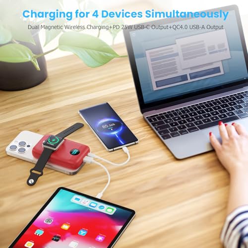 Magnetic Portable Charger for iPhone,10800mAh 25W PD Fast Charging Wireless Power Bank,4 Outputs Travel Essential Battery Pack for Magsafe,iPhone 18 Pro/18 Pro Max/17/16/15/14/13/12,Apple Watch,Red - color: Red