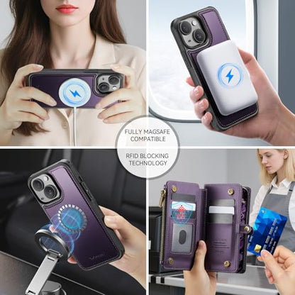 Defencase for iPhone 14 Plus Case Wallet Compatible with Magsafe, Purple | Drop-Proof Magnetic Detachable Phone Cases Cover, with RFID Bolcking Card Holder, Zipper Strap, PU Leather, Removable Wallet - color: (Detachable with Magsafe)-Purple