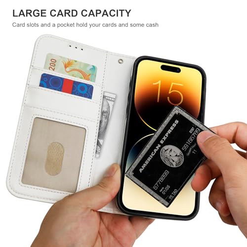 Bocasal Detachable Wallet Case Card Holder for iPhone 15 Pro Max White | RFID Blocking Kickstand Card Slots Holder PU Leather Magnetic Shockproof Wrist Strap Removable Flip Protective Cover 6.7 inch - color: White