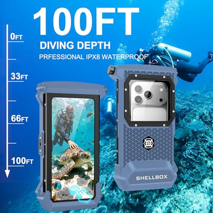 100FT/30M Gen 5 Diving Phone Case, Full Touchscreen Underwater Housing for iPhone 17-12 Pro Max & Samsung Galaxy S26 - S21, IPX8 Scuba Photo/Video Waterproof Case - color: Black_Blue