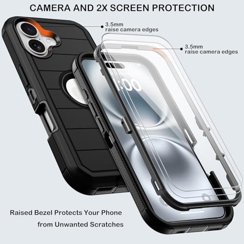 KECAI for iPhone 16 Case with Belt Clip Holster,2X Screen Protectors,Heavy Duty Shockproof Drop Protection Military Grade 3 Layers Full Covered Rugged Durable Phone Cover with Kickstand 6.1“ (Black) - color: Black w Clip