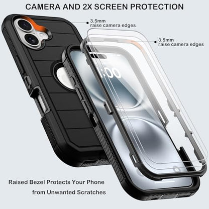 KECAI for iPhone 16 Case with Belt Clip Holster,2X Screen Protectors,Heavy Duty Shockproof Drop Protection Military Grade 3 Layers Full Covered Rugged Durable Phone Cover with Kickstand 6.1“ (Black) - color: Black w Clip