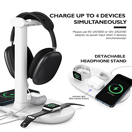Headphone Stand with 15w Wireless Charger, Suguder 4 in 1 Charging Station Headset Holder for AirPods Max/Pro/4/3/2 iWatch 10/9/8/7/6/5/4/3/2/1/SE iPhone 17/16/15/14/13/12/11/X for Desktop Table Game - color: White