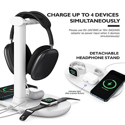 Headphone Stand with 15w Wireless Charger, Suguder 4 in 1 Charging Station Headset Holder for AirPods Max/Pro/4/3/2 iWatch 10/9/8/7/6/5/4/3/2/1/SE iPhone 17/16/15/14/13/12/11/X for Desktop Table Game - color: White