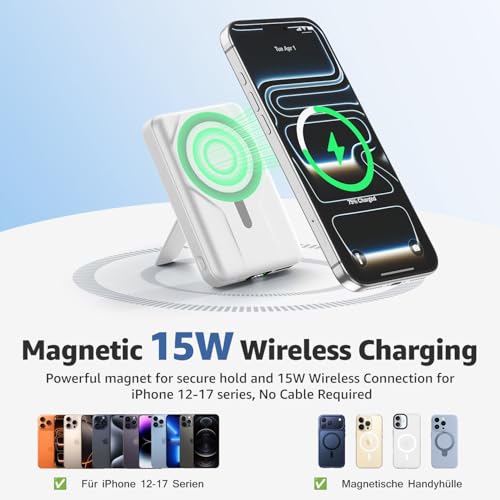 Azmuth for MagSafe Portable Charger, 10000mAh Magnetic Power Bank 20W PD | Fast Charging,Wireless Battery Pack with LED Display & Stand,Travel Essentials,for iPhone 17/16/15/14/13/12 Series - color: White