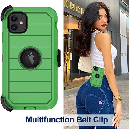 for iPhone 11 Case with Belt Clip Holster, 2 x Screen Protector, [Military Grade] Heavy Duty Full Body Shockproof Dust-Proof Drop Proof Rugged Protective Cover for Apple iPhone 11 (Green Black B) - color: Green B