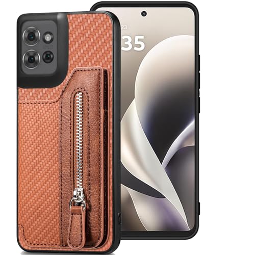 for Motorola Moto G Power 2026 Wallet Case with Card Holder, Slim | Shockproof Protective Phone Cases for Women, Carbon Fiber Pattern Design, Built-in 4 Credit Card Slots and 1 Zipper Pocket - color: Brown