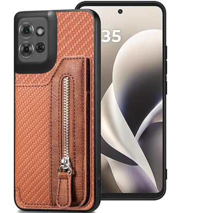 for Motorola Moto G Power 2026 Wallet Case with Card Holder, Slim | Shockproof Protective Phone Cases for Women, Carbon Fiber Pattern Design, Built-in 4 Credit Card Slots and 1 Zipper Pocket - color: Brown