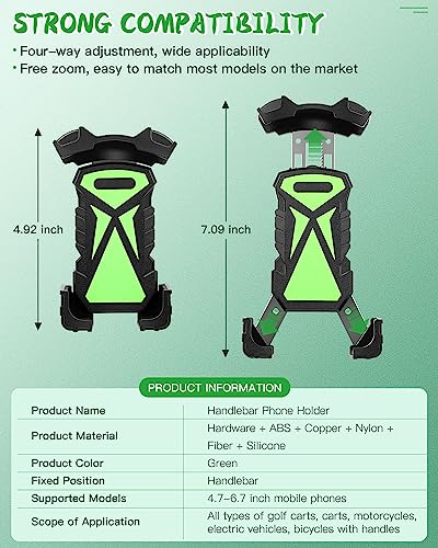 Universal Golf Cart Phone Holder, Phone Mount for Bike, Bicycle, Push Cart, Boat, Car, Stroller, Motorcycle, Fits Most Mobile Smartphones, Adjustable Handlebar Cell Phone Holder Shockproof - color: Green