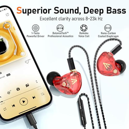 Audiovance Vibes 202ML HiFi Wired Earbuds for iPhone 14/13/12/11/X, Pro Max - color: 3-Red