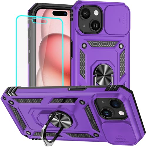 HNHYGETE for iPhone 15 Case with HD Screen Protector: [Military Grade 20ft. Drop Tested] Ring Shockproof Protective Phone Case for - iPhone 15 Purple - color: Purple, size: iPhone 15