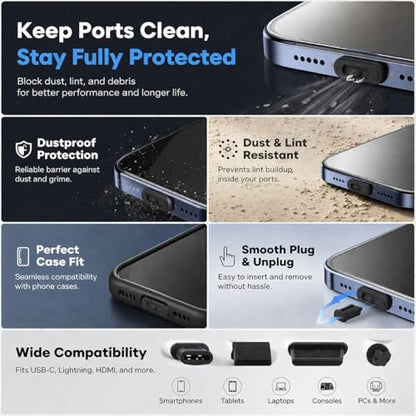 12 PCS Silicone Dust Plugs & Cleaning Brush, USB Port Dust Covers Compatible with iPhone 15 16 17,Kindle,MacBook,Mac mini,PS5,Includes USB-C, USB-A, HDMI, RJ-45, SD Slot and 3.5mm (Black)