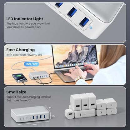 USB C Charger 200W USB C Charger Block,Upgraded GaN III 8-Port Fast Charging Station Hub,PD 65W Laptop Charging Adapter Compatible with MacBook Pro/Air,DELL,Steam Deck,iPhone 16/15/14,Galaxy S23/22 - color: A-White, size: 200W